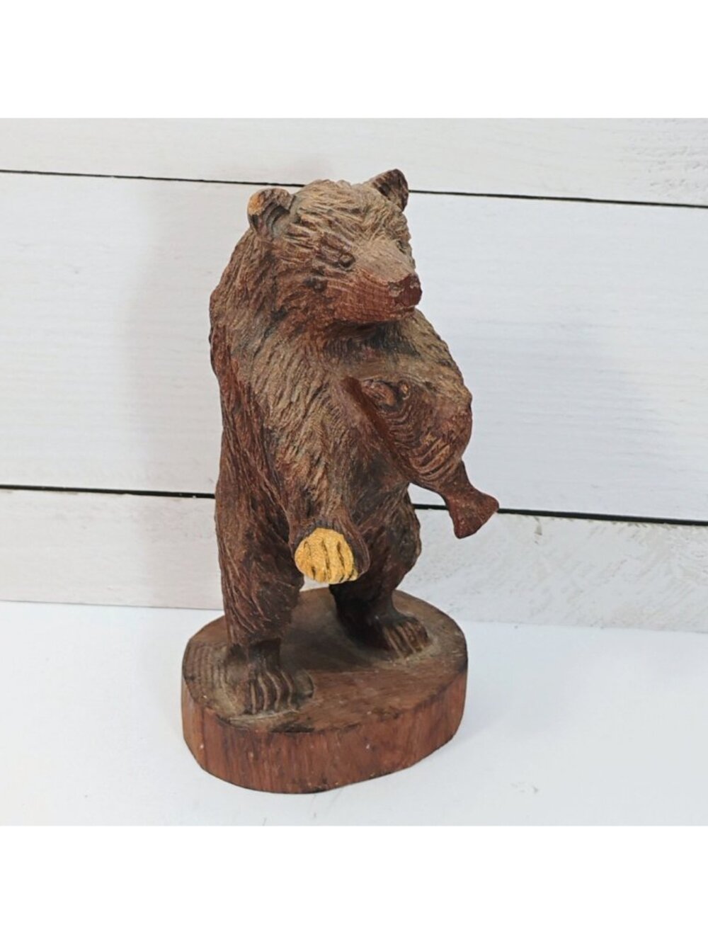 Hand Carved Black Forest Wood Standing Bear w/Fish 7" Tall - READ Chipped Ear